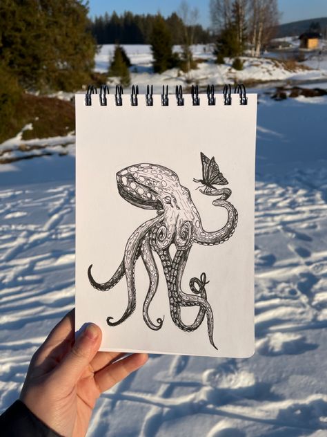 Octopus And Butterfly Tattoo, Tattoo Octopus, Wine Glass Tattoo, Sketchbook Idea, Idea Tattoo, Octopus Tattoos, Book Tattoo, Butterfly Tattoo, Leg Tattoos