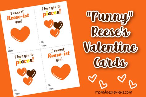 These Punny Reese's Valentine Cards are perfect to make for class parties.  print them out, grab some Reese's Pieces Candy to go with them Reese Valentine Ideas, Reese’s Valentines Ideas, Reeses Valentines Ideas, Reeses Valentines, Pieces Quotes, Free Valentine Cards, Valentines Puns, Valentine Notes, Punny Valentines