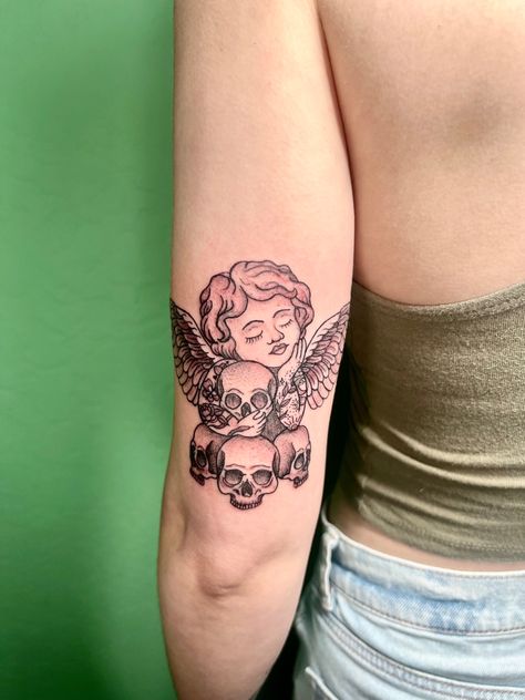 Demon Cherub Tattoo, Cherub And Skull Tattoo, Sui̇ci̇deboys Tattoos Ideas, Cherub Rib Tattoo, Cute Cherub Tattoo, 3 Cherub Angel Tattoo, Two Cherub Angel Tattoo, Cherub Tattoo Designs, Small Skull Tattoo