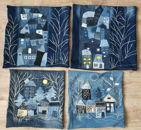 Återvinna Jeans, Tas Denim, Blue Jean Quilts, Jean Quilt, Denim Crafts Diy, Applique Work, Blue Jeans Crafts, Denim Art, Fabric Postcards