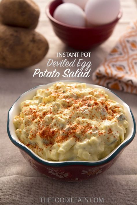 Instant Pot Deviled Egg Potato Salad | This potato salad recipe is a family tradition. There's something so special about it that you will immediately fall in love with it. And it's SO simple! @thefoodieeats Quick Potato Salad, Egg Potato Salad, Pressure Cooker Potatoes, Deviled Egg Potato Salad, Egg Potato, Potato Salad With Egg, Salad Recipes Video, Potato Salad Recipe, Deviled Egg