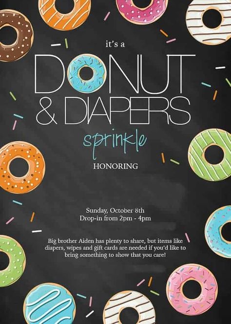 Honor your favorite mom with a Diapers and Donuts Baby Shower Sprinkle and practical gifts of all things diaper related. Includes a FREE printable invitation! Diaper Party Invitations, Baby Boy Sprinkle, Sprinkle Shower, Sprinkle Party, Baby Sprinkle Invitations, Baby Shower Vintage, Sprinkle Invitations, Sprinkle Baby Shower