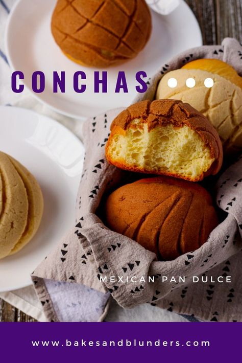 Conchas are a Mexican sweet bread that are easy to make and impossible to resist!  The sweet rolls are topped with a vanilla or chocolate dough scored to look like a shell.  They go perfectly with a cup of coffee at breakfast or as a midday treat.  #bakesandblunders #recipe #breakfast #bread Conchas Recipe, Mexican Conchas, Bread Toppings, Mexican Sweet Breads, Baking Quotes, Chocolate Topping, Sweet Roll, Sweet Bread, World Recipes