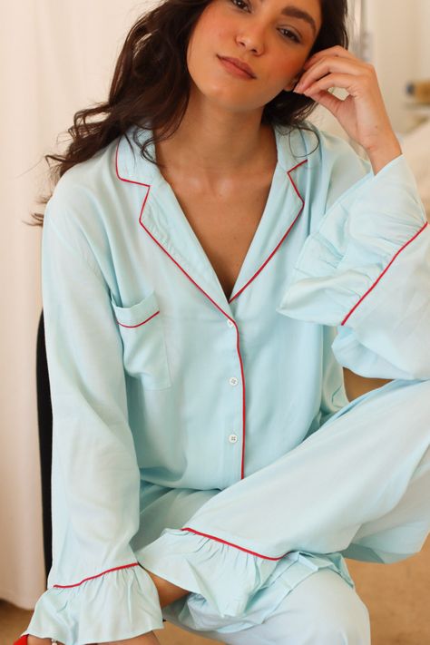 Ready to ship. Our latest addition the day nap pajama, meant to be worn day and night! Featuring bamboo fabric, in gorgeous azo free dyes. Ruffles at the sleeve and the hem, elastic waist, and a super comfy fit. closes at the front with buttons. Machine wash ok. Model wears size M Cozy Pajamas Aesthetic, Blue Pajamas, Stylish Pajamas, Pajama Fashion, Bamboo Pajamas, Night Suit, Cute Pajamas, Sleep Wear, Sleep Set