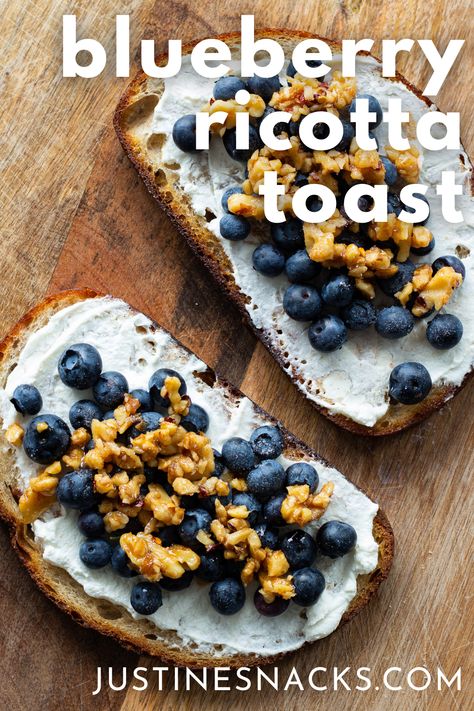 Blueberry Ricotta Toast with Hot Honey Walnuts Justine Snacks, Honey Walnuts, Blueberry Toast, Justine Doiron, Berry Toast, Blueberry Ricotta, Fancy Toast, Ricotta Toast, Honey Walnut