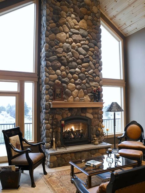 Farmhouse Fireplace Ideas, Stone Veneer Fireplace, Rustic Stone Fireplace, Stone Veneer Wall, Stone Fireplace Designs, River Rock Fireplaces, Eldorado Stone, Fireplace Pictures, Rock Fireplaces