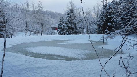 Bracken County Ky. Snow and frozen pond on my home farm. Frozen Pond Aesthetic, Orbiting Jupiter, Pond Inspiration, Drawing Backgrounds, Pond Covers, Xmas Village, Snow Castle, Farm Pond, Frozen Pond