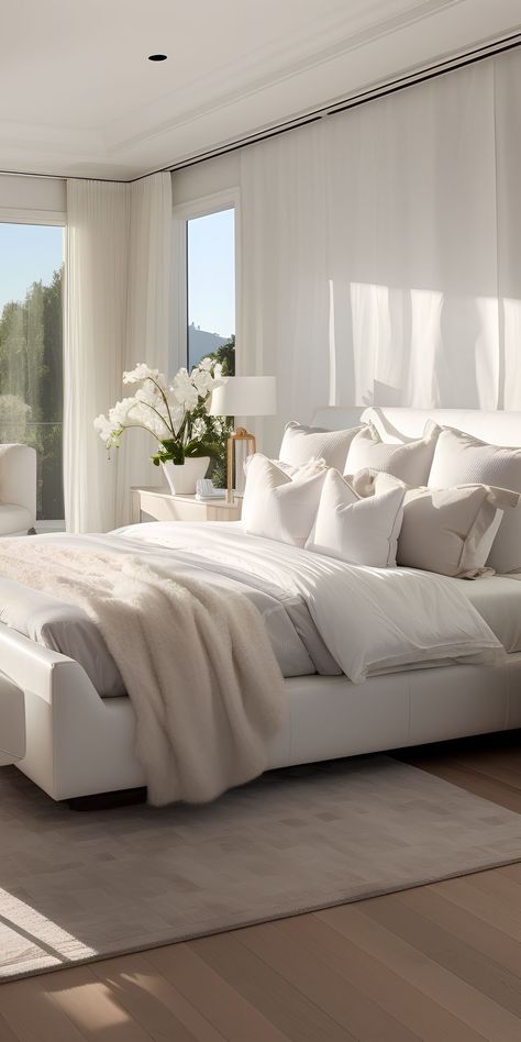 Luxury Bed Aesthetic, Aestheic Beds, Feminine Bedroom Elegant Modern, Cozy Luxurious Bedroom, White Hotel Bedding, All White Bedding Ideas, White Master Bedrooms Decor Modern, Hotel Room Inspired Bedroom, Modern White Bedroom Ideas Interior Design