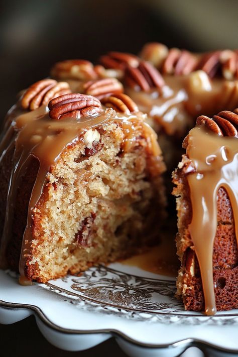 This Apple Pecan Cake with Caramel Glaze is an irresistible dessert filled with tender apple chunks, crunchy pecans, and warm spices, all brought together by a luscious homemade caramel sauce drizzled over the top. It’s a perfect combination of flavors in every bite! I can never get enough of apple cake – the soft, sweet Yummly.com Recipes, Caramel Apple Cake Recipe Easy, Pear Cakes, Caramel Cake Filling, Apple Pecan Cake, Spice Cake Mix Recipes, Caramel Glaze Recipe, Caramel Apple Cake Recipe, Apple Cake Recipe Easy