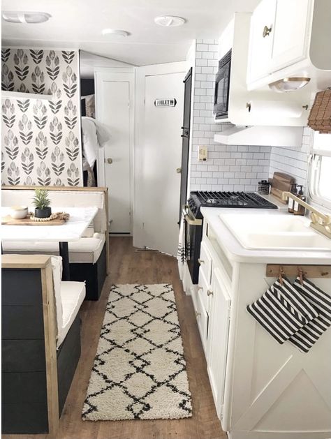 Farmhouse Camper, Small Kitchen Remodel Cost, Camper Kitchen, Camper Trailer Remodel, Diy Camper Remodel, Kitchen Remodel Cost, Rv Renovations, Camper Makeover, Camper Renovation