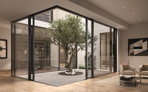 Aluminium patio door Schüco ASE 67 PD By Schüco Aluminium Patio Doors, Indoor Courtyard, Inside Garden, Interior Design Per La Casa, Courtyard Gardens Design, Courtyard Design, Internal Courtyard, Glass Walls, Patio Interior