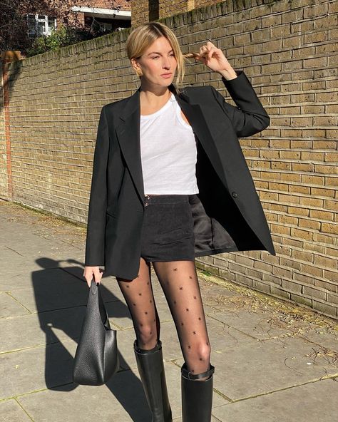 Camille Charriere on Instagram: “Bring your beach shorts to work day” Sheer Tights Outfit Winter, Polka Dot Tights Outfit, Tights Top, Black Tights Outfit, Camille Charriere, Polka Dot Tights, Grey Cable Knit Sweater, Dress With Stockings, Sheer Tights