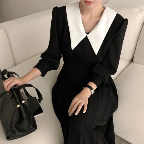 Korean Chic Autumn Slim Patchwork Contrast Lapel Long Sleeve Pleated Dress Women Black Retro Elegant Sexy Vestido Feminino _ - AliExpress Mobile Dress Autumn, Long Sleeves Coats, Patchwork Dress, Hip Dress, Long Sleeve Midi, Casual Party, Office Ladies, Womens Midi Dresses, Dress With Bow