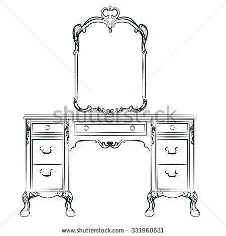 Vanity Drawing, Table Sketch, Mirror Illustration, Dressing Table With Mirror, Drawing Furniture, Table With Mirror, Interior Design Sketches, Table Mirror, Vector Sketch