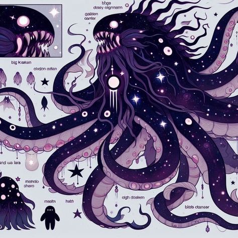 Star Creature Art, Underwater Monster, Cosmic Creature, Space Octopus, Ocean Monsters, Tentacle Art, Alien Artwork, Space Animals, Monster Drawing