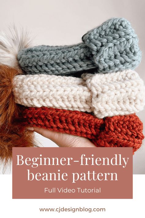 How to crochet a chunky beanie – Free pattern - CJ Design Blog Chunky Beanie Crochet Pattern, Chunky Crochet Beanie, Cj Design, Chunky Blanket Pattern, Chunky Yarn Crochet Pattern, Crochet Cat Beanie, Crochet Tutorial For Beginners, Chunky Crochet Hat, Chunky Yarn Crochet