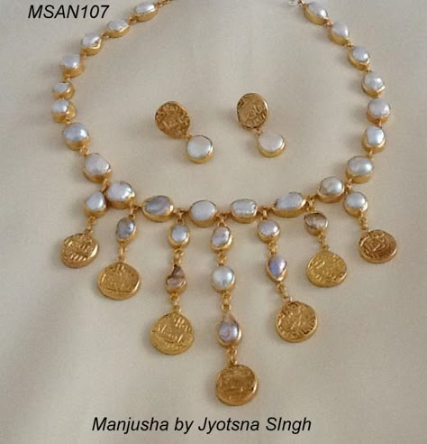 Baroque Pearls set in 92.5 Silver and old Silver Coins plated in 22 Ct. gold. Old Silver Coins, Gold Coin Jewelry, Simple Craft Ideas, Gold Jewelry Outfits, Gold Jewelry Simple Necklace, Pearl Necklace Designs, Jewelry Set Design, Simple Craft, Indian Jewellery Design Earrings