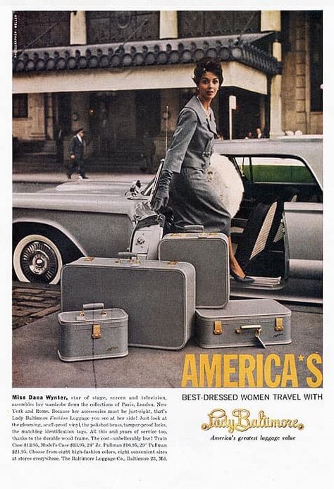 A 1958 Thunderbird used in a "Lady Baltimore" luggage advertisement Luggage Ads, Luggage Vintage, Epic Pictures, Samsonite Luggage, Suitcase Storage, Vintage Suitcases, Advertising Material, Vintage Luggage, Beauty Case