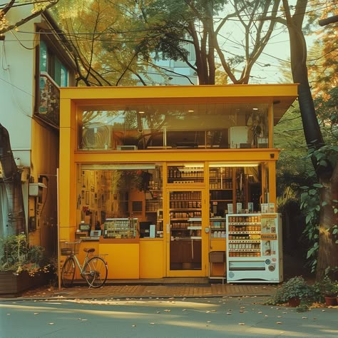 A quaint 1960s Tokyo corner store with its modernist design. Nestled on a street corner, its vibrant yellow exterior and cozy charm make it a standout. Perfect for architecture lovers and vintage ramen enthusiasts 🍜 #1960shouse #ModernistArchitecture #VintageCharm #tokyoarchitecture #suburbia #yellowinterior #architecturephotography #yellowaesthetic Corner Cafe Exterior, Cute Store Aesthetic, Store Building Design, 1960s House Exterior, Vintage Store Interior, Yellow Vintage Aesthetic, Retro Buildings, 1960s Architecture, Exterior Aesthetic