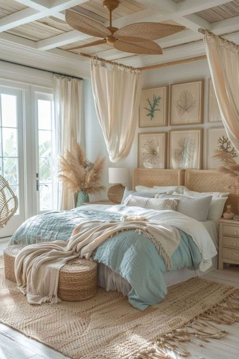 How To: Coastal Bedrooms Decor | Shine Rugs Chandelier Beach House, Modern Beach Home Decor, Ocean Boho Bedroom, Santorini Bedroom Ideas, Minimal Coastal Decor, Boho Ocean Bedroom, Costal Boho Room, Bohemian Beach Bedroom Ideas, Coastal Bedroom Decor Ideas