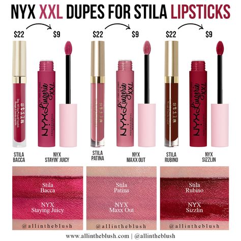 NYX XXL Lingerie Lipstick Dupes for Stila Liquid Lipsticks - All In The Blush Nyx Liquid Blush, Nyx Lipstick Nyx Professional Makeup, Nyx Matte Lipstick Swatches, Nyx Shine Loud Lipstick Swatches, Nyx Suede Matte Lipstick Swatch, Natural Pink Lipstick, Stila Lipstick, Nyx Xxl Swatches, Stila Liquid Lipstick