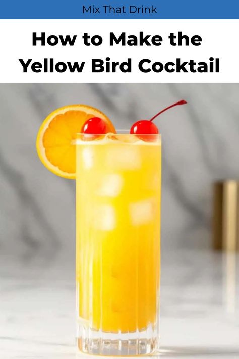 Bird Themed Cocktails, Yellow Bird Cocktail, Yellow Bird Drink, Yellow Cocktails, Fruity Cocktails, Cocktail Recipes Easy, Tropical Drink, Tiki Party, Yellow Bird