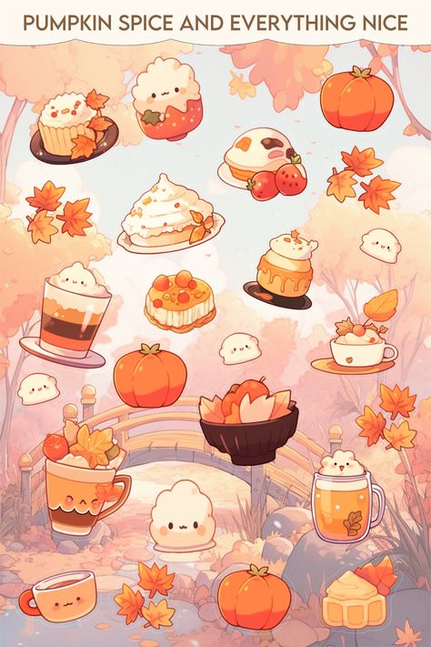 The "Pumpkin Spice and Everything Nice" kawaii fall sticker sheet is a delightful collection of autumn-themed stickers that capture the essence of the season in the most adorable way possible. Each sticker features charming depictions of smiling pumpkins, cozy drinks, friendly forest creatures, and steaming cups of pumpkin spice latte, all infused with a sugary-sweet kawaii aesthetic. These stickers are designed to add a touch of warmth and whimsy to your fall-inspired crafts, scrapbooks, and de Cute Fall Illustration Art, Fall Theme Activities, Fall Cute Drawings, Autumn Kawaii, Kawaii Thanksgiving, Fall Elements, Apple Pumpkin, Fall Aesthetic Food, Cute Autumn