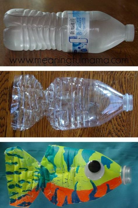 botella decorada, ideas de manualidades infantiles originales, botellas de plastico decoradas para pequeños y adultos Water Bottle Fish, Fish Crafts Kids, Bottle Fish, Water Bottle Art, Water Bottle Crafts, Fish Craft, Plastic Bottle Art, Plastic Bottle Flowers, Diy Plastic Bottle