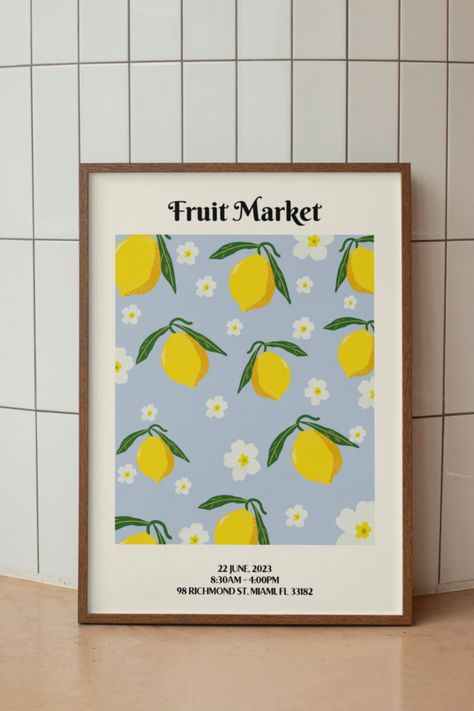 Miami Florida Fruit Market Print with lemons in yellow and baby blue, great trendy poster for your kitchen or living room. Style your home with trendy wall art to match your home aesthetic with flowers and lemons. Desenio Posters, Florida Print, Modern Kitchen Art, Fruit Market, Aesthetic Print, Room Theme, Yellow Room, Poster Aesthetic, Charcuterie Recipes