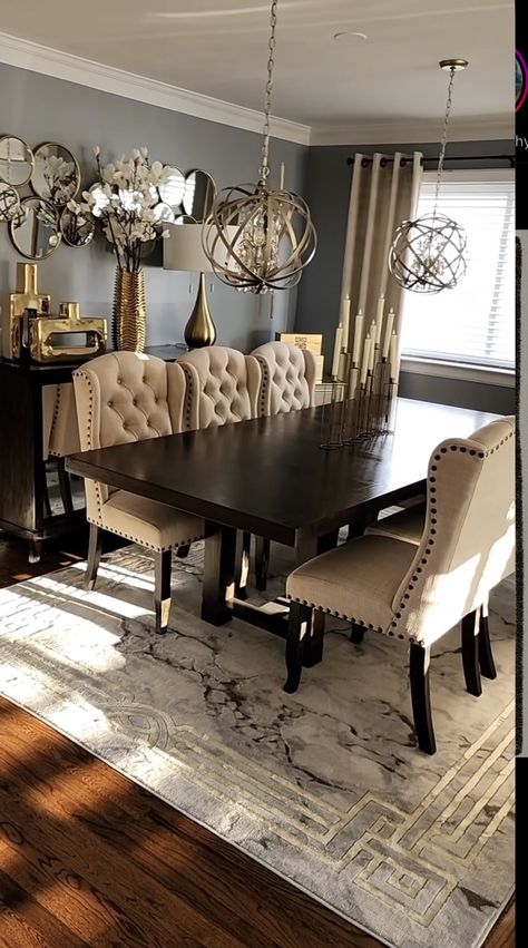 Dining Room Inspiration Dark Wood Table, Dark Cabinets Living Room, Dining Room With Blue Rug, Dark Dining Room Table Decor, Formal Dining Room Curtains Ideas, Dining Room Dark Furniture, Green And Brown Dining Room, Formal Dinning Room Decor Ideas, Cozy Dinning Room Aesthetic