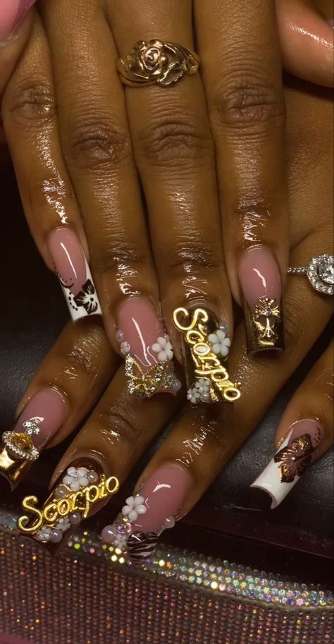 Zodiac Nail Designs, Birthday Nail Designs, Gold Acrylic Nails, Dope Nail Designs, Simple Acrylic Nails, Short Square Acrylic Nails, Acrylic Nails Coffin Pink, Unique Acrylic Nails, Bling Acrylic Nails