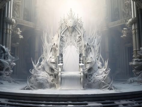 Decorated empty throne hall white throne | Premium Photo #Freepik #photo #king-chair #throne-chair #throne #royal-chair Fantasy Throne Chair Art, Ice Queen Narnia, Royal Throne Room, Fantasy Throne Room, Ice Throne, Fantasy Throne, Crystal Throne, Throne Art, Dragon Throne