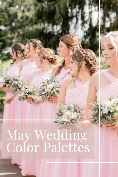 Six bridesmaids wearing matching blush dresses at an outdoor wedding ceremony. Sunset Wedding Color Palette, May Wedding Colors Schemes, May Wedding Colors Spring, Yellow Wedding Palette, Dusty Blue Wedding Colors, May Wedding Colors, Light Yellow Weddings, Sunset Wedding Colors, Pink Wedding Color Scheme