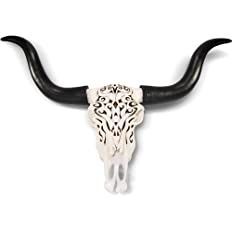 WALL CHARMERS Carved White + Black Faux Longhorn Skull - 27" Faux Taxidermy Animal Head Wall Decor - Handmade Farmhouse Decor Faux Animal Head, Cow Skull Decor, Animal Head Wall Decor, Head Wall Decor, Skull Wall Decor, Animal Head Wall, Skull Statue, Longhorn Skull, Longhorn Cow