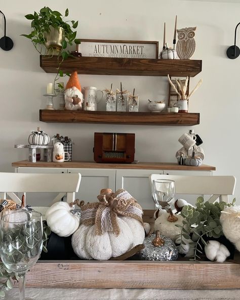 fall refresh floating shelf edition … . . autumn market sign $25 white washed pumpkin stack $14 mini blanket ladder $8 hello pumpkin mug $10 mini pumpkins $4.50 Custom made floating shelves by me $125 each Autumn Market, Fall Refresh, How To Make Floating Shelves, Pumpkin Stack, Mini Blanket, Pumpkin Mug, Market Sign, Blanket Ladder, Stacked Pumpkins