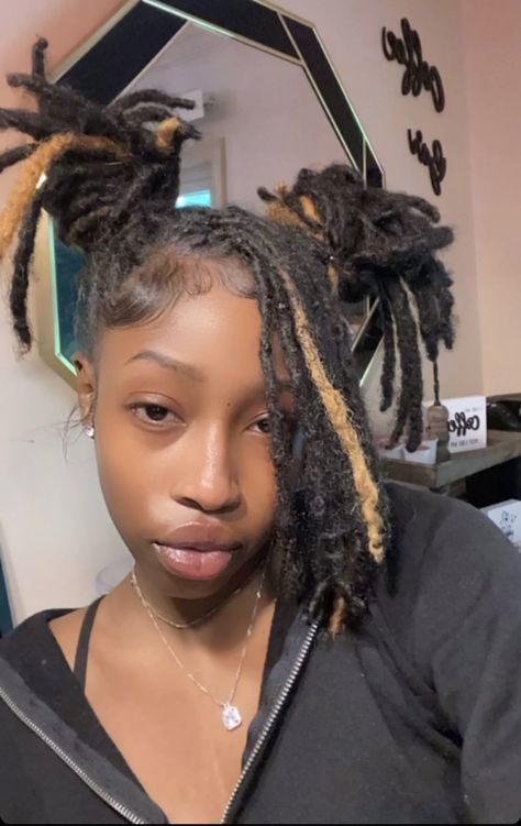 Dread Hairstyles Updo Locs, Side Part Dread Styles, Free Form Locs How To Start, Two Buns With Locs, Locs Hairstyles Real Hair, Easy Dread Hairstyles, Dread Hairstyles For Prom, Locs With Beads And Shells, Neck Length Loc Styles