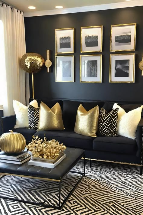 25 Black and Gold Living Room Ideas for Chic Decor Small Living Room Decor Apartment Classy, Black Gold Silver Living Room Decor, Modern Black And Gold Interior Design, Black And Gold Living Room Apartment, Black White Gold Living Room Decor, Black Front Room Ideas, Living Room Decor Black And Gold, Black And Gold Living Room Decor Ideas, Black Cream And Gold Living Room