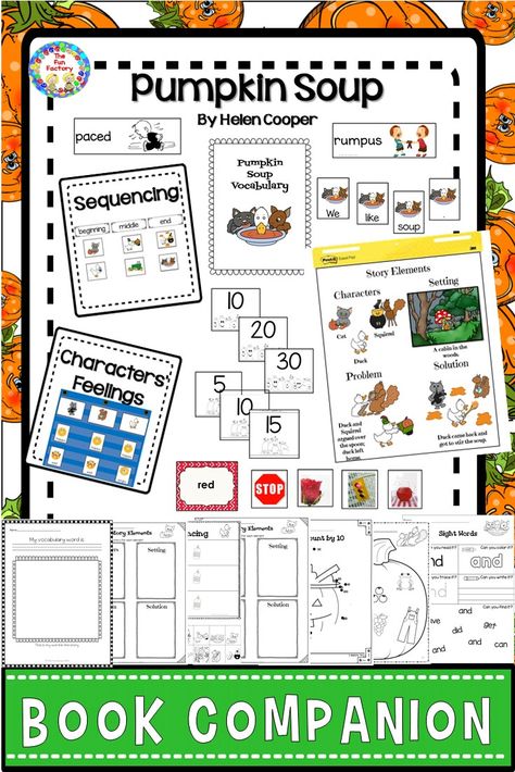 Pumpkin Soup by Helen Cooper.  Grades K-1.  Five days of before, during and after reading lesson plans, center activities and worksheets are included in the book companion. Pumpkin Soup Activities, Pumpkin Soup Book, Pumpkins Kindergarten, Halloween Literacy, Kindergarten Halloween, Pumpkin Unit, Early Childhood Literacy, Reading Lesson Plans, Fall Lessons