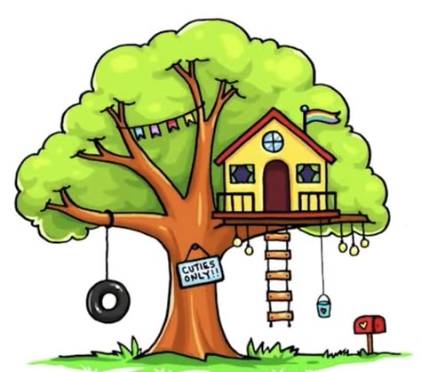 Tree House Drawing For Kids, Scrapbook Doodles, Owl Canvas Painting, Tree House Drawing, House Drawing For Kids, Draw So Cute, Beginners Drawing, Art Imagination, Dibujo Simple