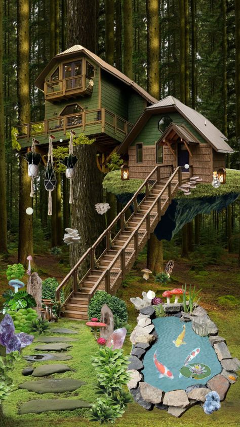 #treehouse #fairycore #fairyaesthetic #cottagecore #fantasy #worldbuilding Treehouse Aesthetic, Fairycore House, Fantasy Worldbuilding, Wooden Mantle, Hidden Passage, Magical House, Indoor Trees, Fairy Aesthetic, Small Waterfall