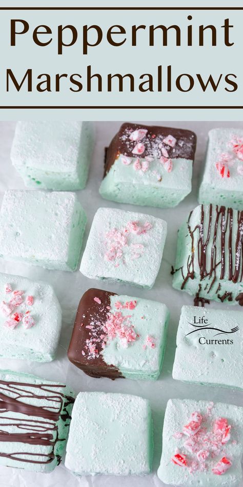 a tray of marshmallows all decorated with chcolate and peppermints, title on top: Peppermint Marshmallows. Decorated Marshmallows, Homemade Marshmallow Recipe, Peppermint Treats, Gourmet Marshmallow, Delicious Christmas Desserts, Peppermint Marshmallows, Christmas Cookies Gift, Chocolate Spoons, Butter Toffee