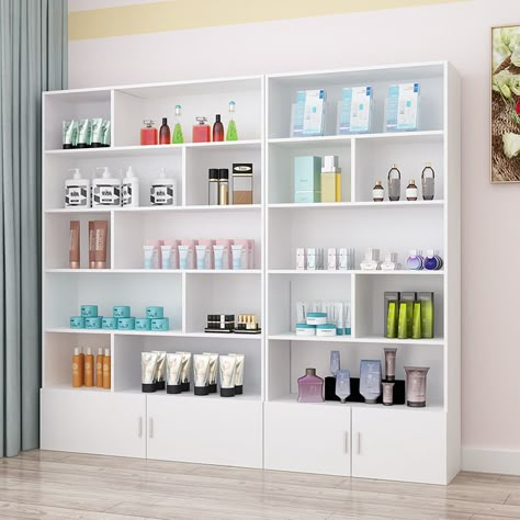 Shop Shelf Design Display, Cosmetic Shelf Design, Shop Shelves Design, Shelf Design For Shop, Cosmetic Shop Interior Design Shelves, Cosmetics Shop Design Store Interiors, Small Cosmetic Shop Interior Design, Wall Unit Decor Ideas, Gift Shop Interior Design