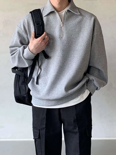 Casual Half Zip Sweatshirt – Shirts In Style Husband Outfits, Men Sweatshirt Outfit, Hot Costume, Men Sweatshirts, Dope Outfits For Guys, Men Stylish Dress, Guys Clothing Styles, Collared Sweatshirt, Fashion Suits For Men