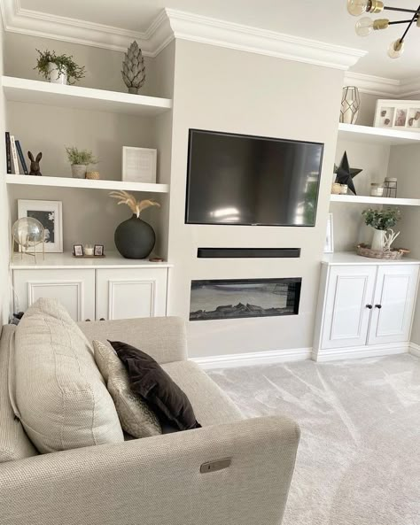 Alcove Media Wall, Media Wall Styling, Neutral Media Wall, White Media Wall, Small Media Wall, Living Room Media Wall Ideas, Media Wall Living Room, Media Wall With Storage, Living Room Media Wall