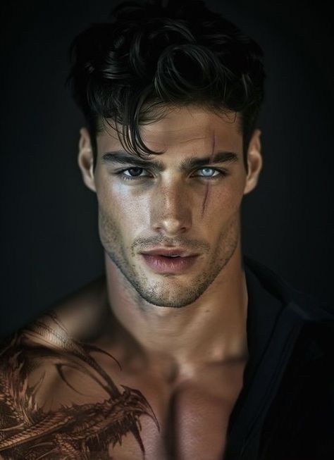 Black Hair And Green Eyes Man, Heterochromia Eyes Men, Haidyn Reeves, Blue Eyes Black Hair Guy, Zade Meadows Fan Art Spicy, Dark Hair Dark Eyes Men, Villain Character Inspiration Male, Male Character Inspiration Rugged, Dark Handsome Men