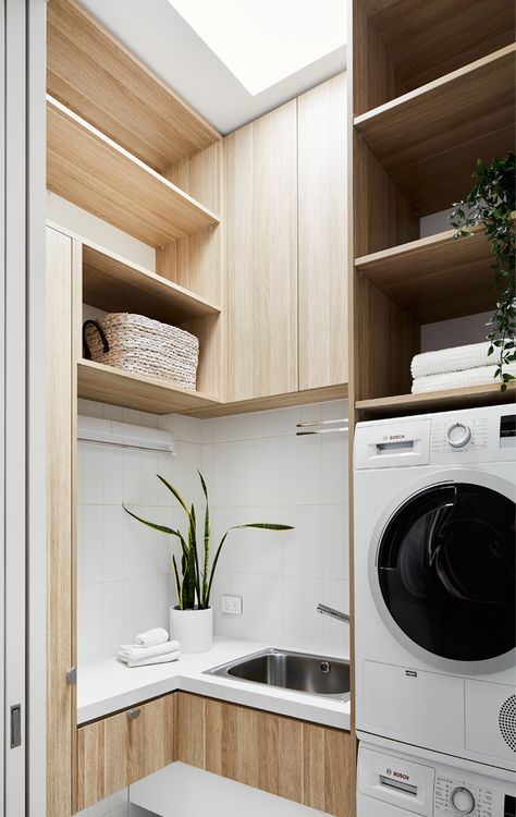 Tiny Laundry, Light Wood Cabinets, Laundry Room Renovation, Laundry Design, Modern Laundry Rooms, Laundry Room Remodel, Laundry Room Inspiration, Laundry Decor, Small Laundry Room