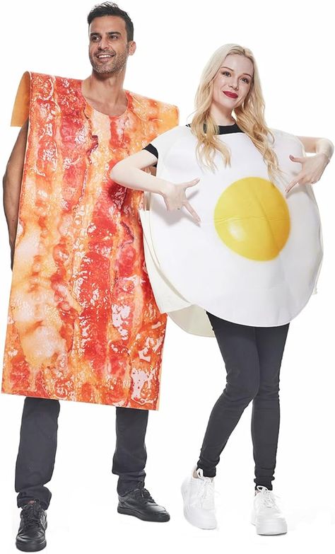 Charred bacon and freshly fried eggs will turn your appetite on in the morning! This Bacon Frying Eggs Couple's Costume is new and perfect for the uniform and completeness of a family costume. Fried Egg Costume, Bacon And Eggs Costume, Bacon Halloween Costume, Breakfast Costume, Bacon Costume, Couple's Costume, Couple Food, Food Mascot, Egg Costume