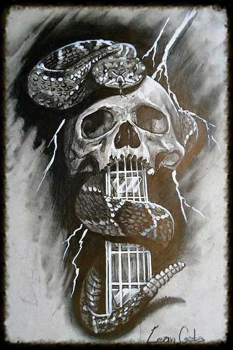 Snake and skull Ozzy Tattoo, Chicanas Tattoo, Badass Drawings, Cool Half Sleeve Tattoos, Native American Tattoo, Wolf Tattoo Sleeve, Cobra Art, Guitar Drawing, Biker Tattoos