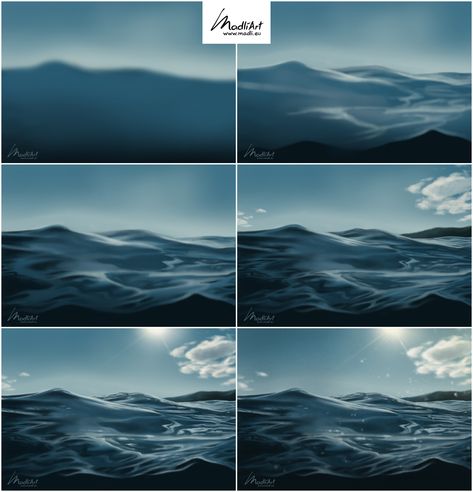 Ocean Tutorial Digital, How To Colour Water Digital, Water Painting Tutorial Digital, How To Digitally Paint Water, Ocean Digital Art Tutorial, Sea Reference Drawing, Digital Illustration Photoshop, How To Paint Water Step By Step, How To Draw Ocean Digital