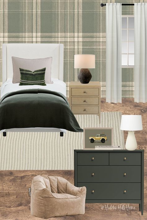 Boys bedroom mood board with green and beige tones throughout Boys Room Green, Wallpaper For Boys Room, Boys Bedroom Green, Plaid Bedroom, Green Boys Room, Decor Mood Board, Boys Bedroom Wallpaper, Spring Bedroom Decor, Boys Room Wallpaper